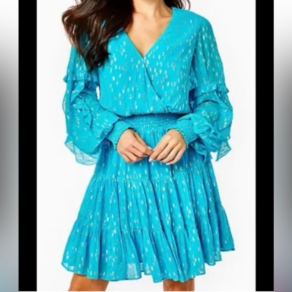 Lilly Pulitzer Heline Ruffle Dress Turquoise Oasis Viscose Metallic Dobby sz 12